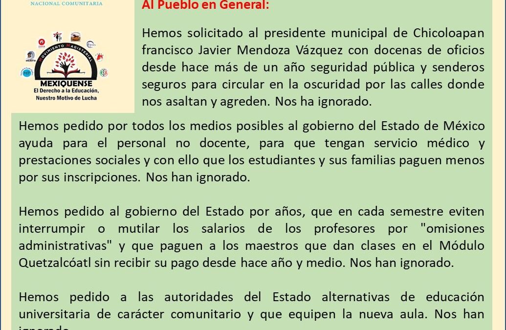 Marchamos junto a las escuelas y organizaciones del Movimiento Magisterial Mexiquense